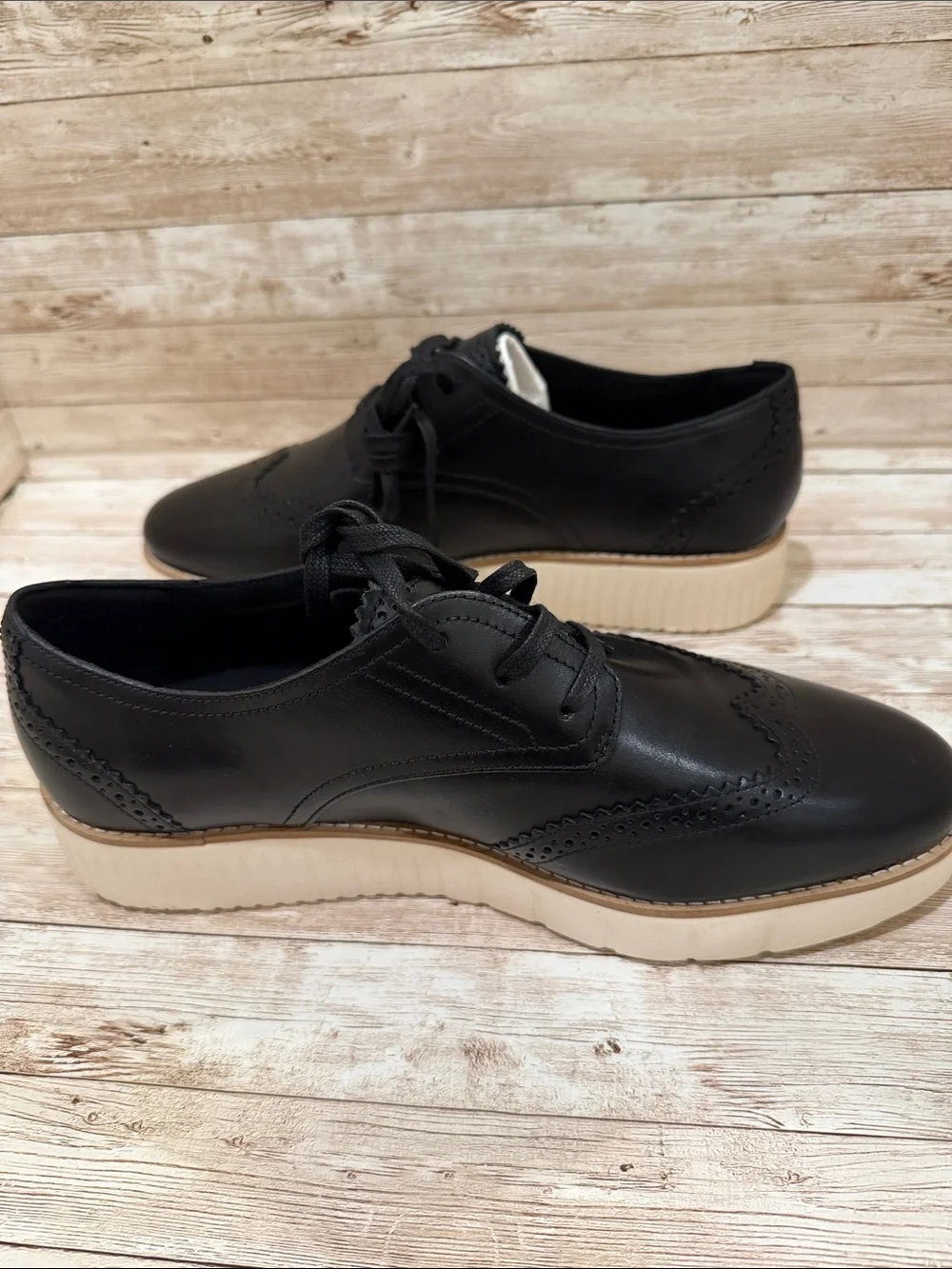 Cole‎ Haan Black Leather Platform Oxford with Cream Platform 11B NEW